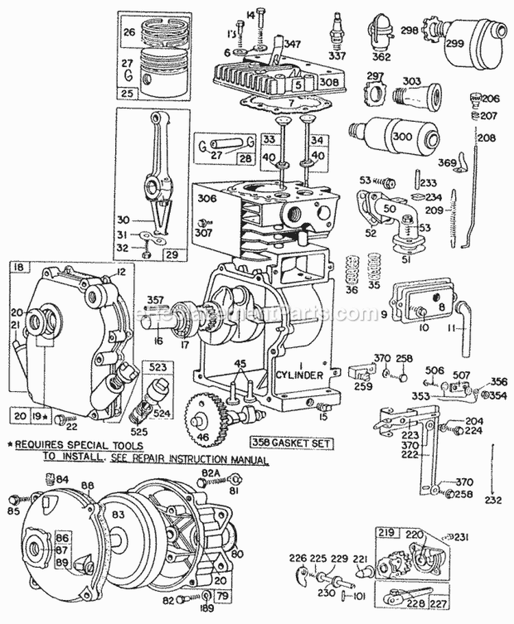 CylinderCrankcaseGear Case Diagram and Parts List for  Briggs and Stratton Engine